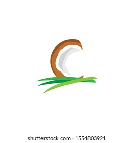 Half Coconut and Pandan Leaves Vector Illustration For Design Element or Logo Icon