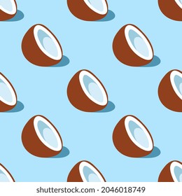 Half coconut with shadow on blue background. Summer seamless pattern. Flat simple style.Vector illustration.