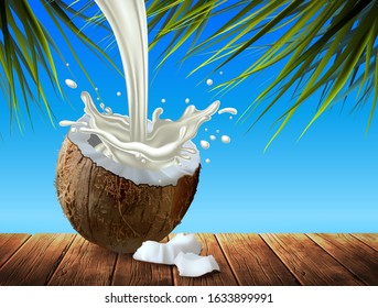 Half a coconut and a splash of milk in it. Highly detailed realistic illustration.
