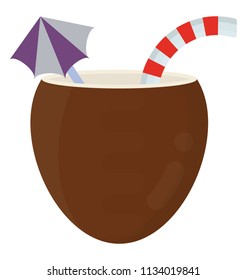 
Half coconut with striped pipe and decorative paper umbrella, icon for coconut juice 
