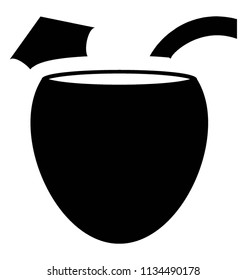 
Half coconut with striped pipe and decorative paper umbrella, icon for coconut juice 
