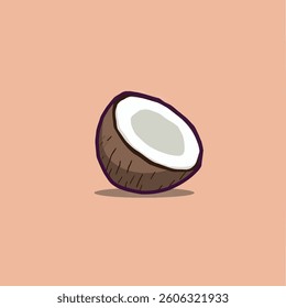 half of coconut with white flesh is shown in a cartoon style against a background. the uses simple shapes and muted colors evoking a sense of freshness and simplicity.