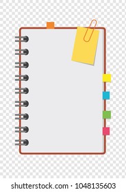 Half a color open notepad on the spring with clean sheets and bookmarks between the pages. A simple flat vector illustration isolated on a transparent background.