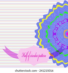 Half of colored arabesque on a striped pale background and label, text. Hand drawn.