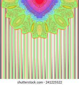 Half of colored arabesque  on a striped gradient background. Hand drawn.
