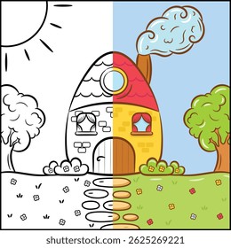 half colored cartoon house coloring page with sketch drawing for easy coloring