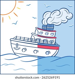 half colored cartoon ship coloring page with ocean and sun for kids guided color stroke outline style