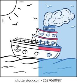 half colored cartoon ship coloring page with ocean and sun for kids guided sketch stroke outline style