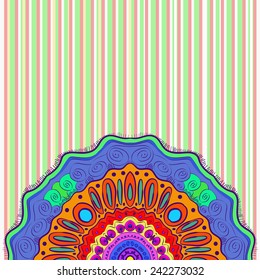 Half of colored circular arabesque  on a  white striped  background. Hand drawn.