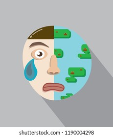 Half crying face with tears and half Earth with stump icon represents to Global warming or Deforestation,Save Earth or save world concept, Vector illustration Eps 10.