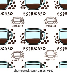 Half a cup of espresso and coffee beans vector seamless pattern.