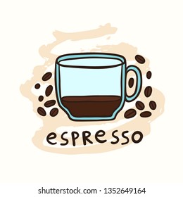 Half a cup of espresso and coffee beans vector illustration.