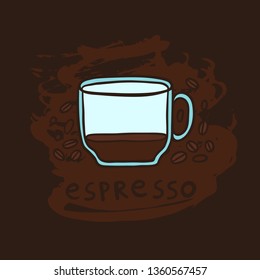 Half a cup of espresso and coffee beans vector illustration.