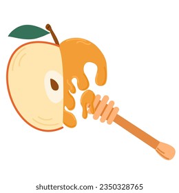 Half cut apple with honey. Symbol of Rosh Hashanah.
