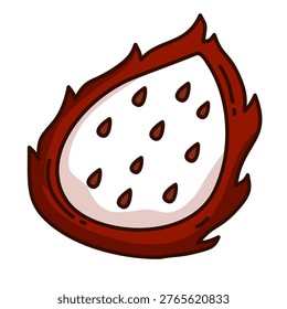 a half cut dragon fruit showing white meat and many tiny seeds