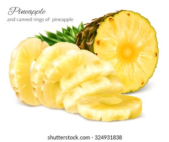 Half cut fresh pineapple and canned sliced pineapple. Vector illustration.