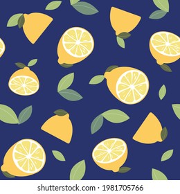 Half Cut Fresh Yellow Lemons with Green Leaves on Navy Background Repeat Vector Seamless Pattern
