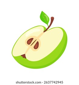 Half of cut green sweet apple. Natural fruits, hand drawn.