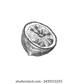 Half cut of juicy lemon or lime engraved hand drawn vector illustration. Tropical sour citrus fruit sketch. Healthy natural food, vitamin C. Menu design element
