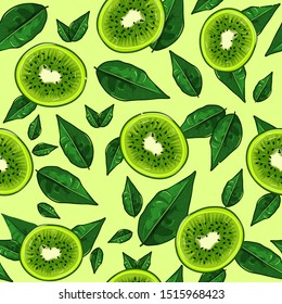 Half cut kiwies and green plant illustration. Seamless pattern of tropical fruits and lemon leaves. Sweet and sour food full of vitamin C, colorful snack vector.