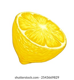 Half of cut lemon single object. Organic fruit for juice, cocktails, lemonade, vitamin C healthy food. Vector illustration isolated on white background. 