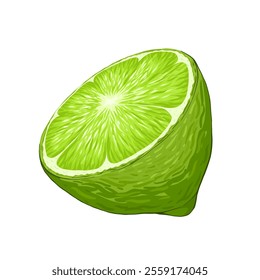 Half of cut lime single object. Organic fruit for juice, cocktails, lemonade, vitamin C healthy food. Vector illustration isolated on white background. 