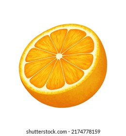 Hälfte einer geschnittenen Orange. Vektorrealistische Illustration einzeln auf weißem Hintergrund. Orange eps Icon Clipart.