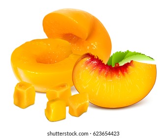 Half cut peaches without pits and ripe peach slice. Vector illustration.