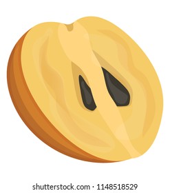 
A half cut piece of fruit with seeds, sapodilla
