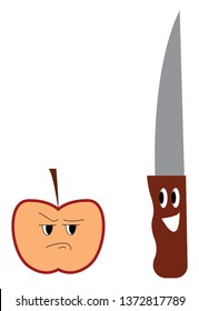 A half cut red apple expressing anger and a knife expressing happiness placed close to each other vector color drawing or illustration 