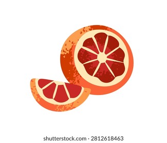 Half and cut slice of grapefruit. Pieces of fresh red pomelo. Tropical citrus fruit with juicy pulp. Healthy farm food, organic and natural garden crop. Flat isolated vector illustration on white