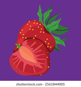 half and cut strawberry tropical exotic fruit flat design