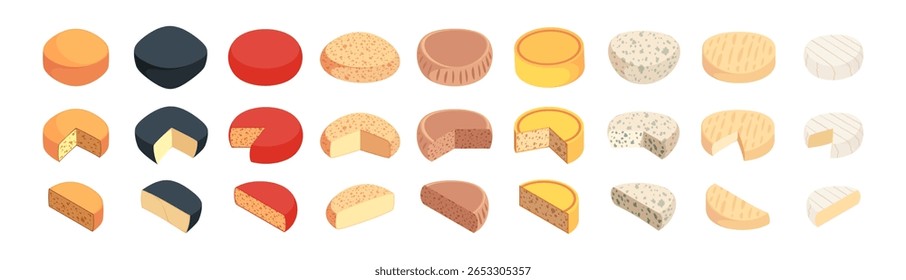 Half cut and whole wheels of hard cheese. Vector collection of different kind of dairy products. Isometric set of fromage. Tasty delicious food, ingredients for cooking and preparing meal