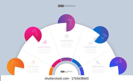 Partición de medio ciclo Gradiente de color gráfico de color de papel de color plantilla info-gráfica para la gráfica de presentación de diagrama
y concepto de negocio con opciones de 5 ó 6 elementos
