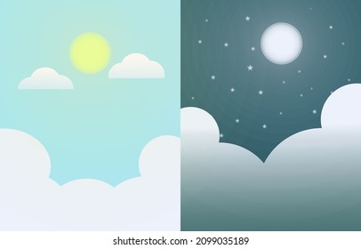 Half day and night, sun and moon with clouds.