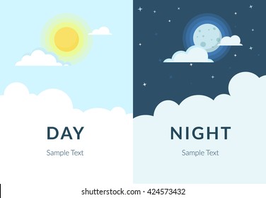 Half day and night, sun and moon with clouds. Flat illustration of sky and weather broadcasting, cloud and life, period and cycle for banners of mobile app backgrounds