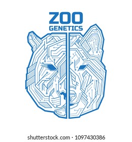 A half of a dog or wolf head with half of a tiger or bear head consisting of microelectronic circuits and dots. Vector illustration isolated on white background. Perfect to use in advertising design