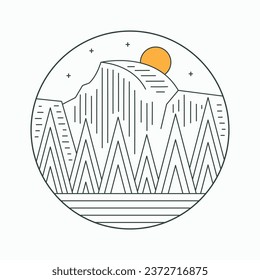 Half Dome Yosemite National Park strong straight mono line graphic illustration vector for t-shirt, badge, patch design