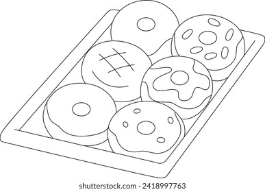 half a dozen donuts on box black and white vector line art illustration