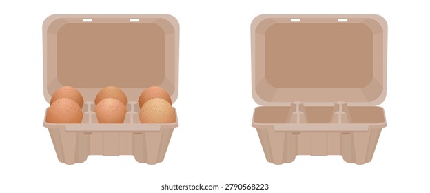 half a dozen eggs in an open cardboard container, vector illustration isolated on white background.