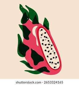 Metade de fruta de dragão. Corte de pitaia exótico, fruta pitaiá rosa tropical fresca com escamas verdes, comida orgânica para design de pacotes, tecido, têxtil, estampas de arte. Ilustração de risografia vetorial.