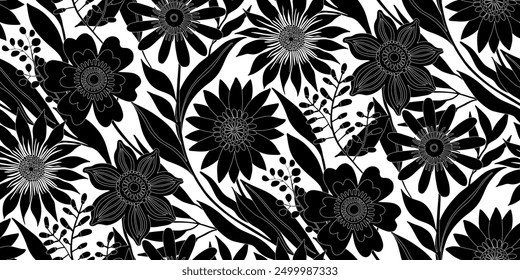 Half drop Floral Seamless Pattern of Silhouettes of Fantasy Flowers and Leaves - Black on White Backdrop. Wallpaper Design for Textiles, Fabrics, Papers, Fashion Prints, Beauty Products, Wrappings.