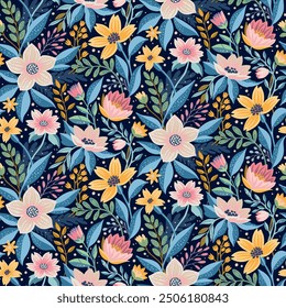 A Half Drop Floral Seamless Pattern with Yellow, White, Pink Flowers and Blue and Green Leaves on Dark Blue. Wallpaper Design for Textiles, Fabrics, Papers, Fashion Prints, Beauty Products, Wrappings.