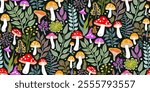 Half drop pattern of mushrooms and foliage in handdrawn style with red, orange, purple caps, white stems, green, teal, lavender leaves on black. Ideal for textiles, wallpapers, childrens products.