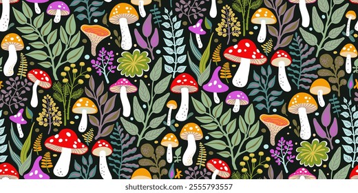 Half drop pattern of mushrooms and foliage in handdrawn style with red, orange, purple caps, white stems, green, teal, lavender leaves on black. Ideal for textiles, wallpapers, childrens products.