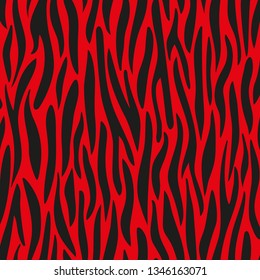 Half drop repeat pattern of an animal print. Wildlife, zebra stripes in black, isolated at a bright red background, which fits the maximalism home decor trend. Duotone, flat, vector design style.