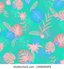 Half drop repeat pattern with graphic , colorful, waving, tropical palm leaves and flowers in a pastel color scheme with shades of pink. Isolated at a soft green background. Flat art style in vector.