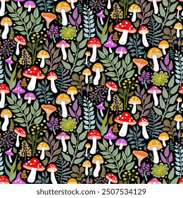 Half Drop Seamless Pattern of Mushrooms with Bright Hats, Herbs and Leaves on Black Background. Wallpaper Design for Textiles, Fabrics, Papers, Fashion Prints, Wrappings, Covers.