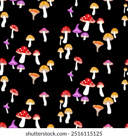 Half Drop Seamless Pattern of Mushrooms with Bright Hats in Red, White, Orange and Purple on Black Background. Wallpaper Design for Textiles, Fabrics, Papers, Fashion Prints, Wrappings, Covers.