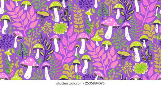 Half Drop Seamless Pattern of Stylized Mushrooms and Foliage in Neon Purple Pink, Yellow Green and White . Design for Textiles, Fabrics, Fashion Prints, Wrappings, Wallpapers, Covers.